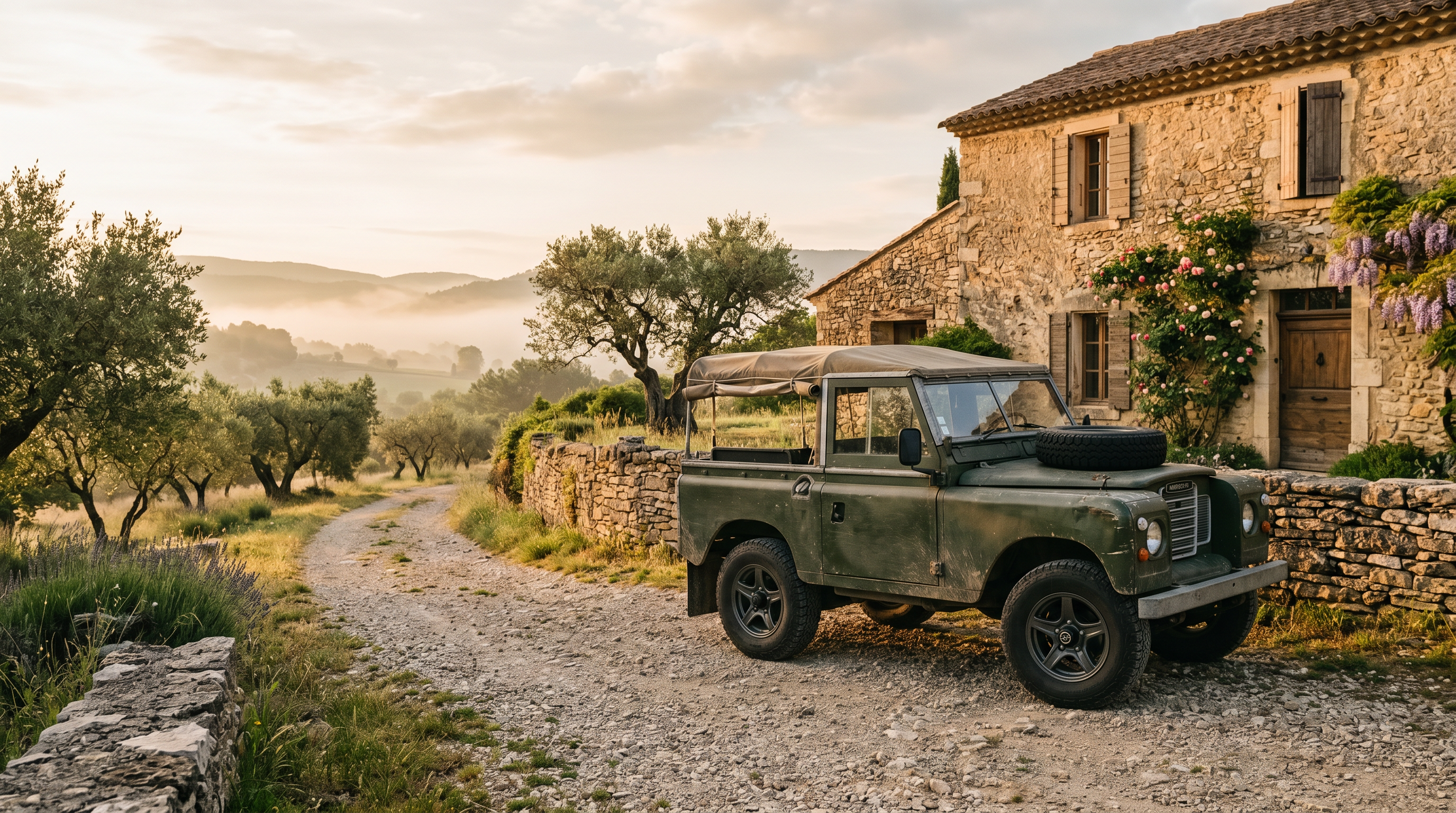 Land Rover Series II électrique Bymoss vert — conversion électrique premium devant bastide provençale, atelier Lyon
